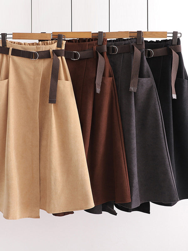 Women's Solid Color Asymmetric Belted Midi Skirt