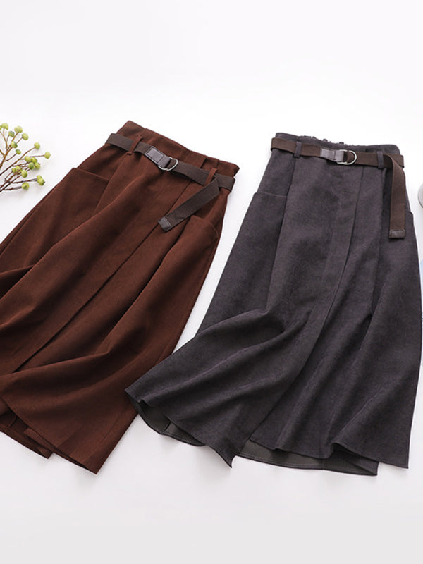 Women's Solid Color Asymmetric Belted Midi Skirt