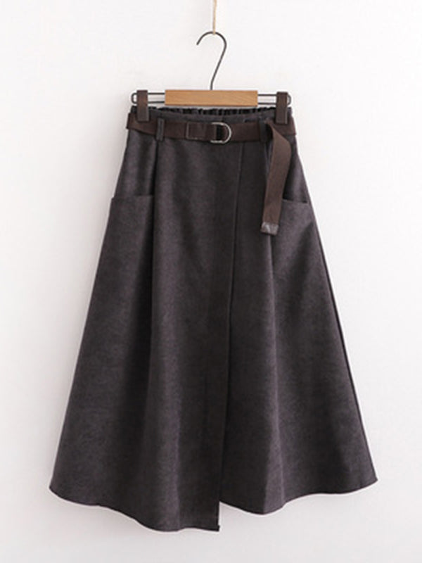 Women's Solid Color Asymmetric Belted Midi Skirt