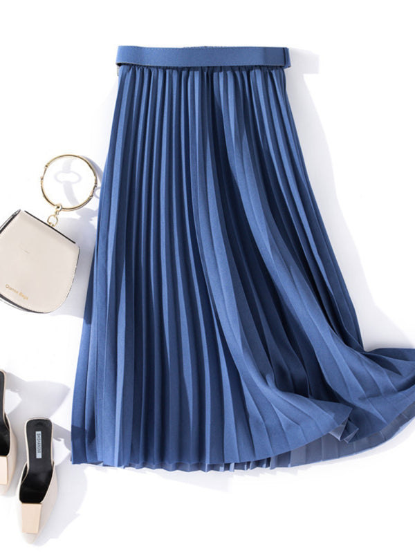 Women's Solid Color Belted Pleated Maxi Skirt