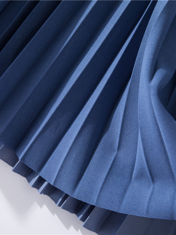 Women's Solid Color Belted Pleated Maxi Skirt