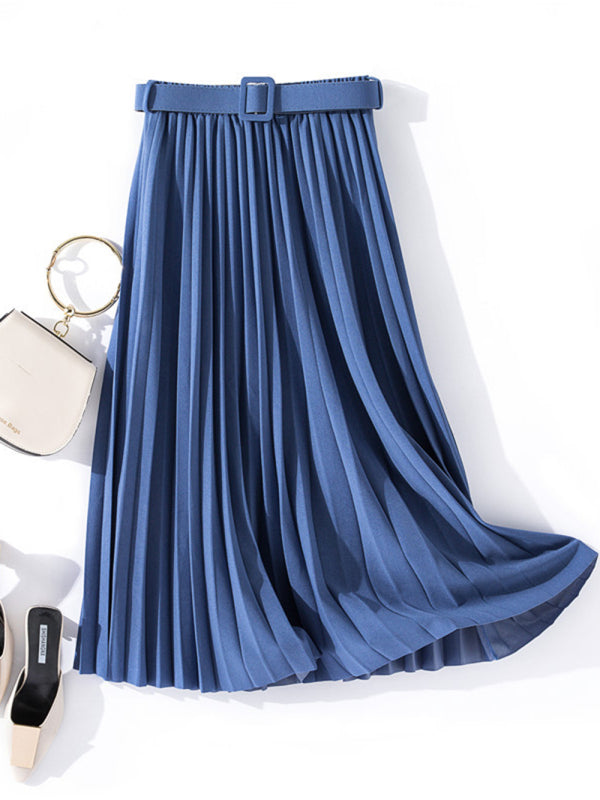 Women's Solid Color Belted Pleated Maxi Skirt