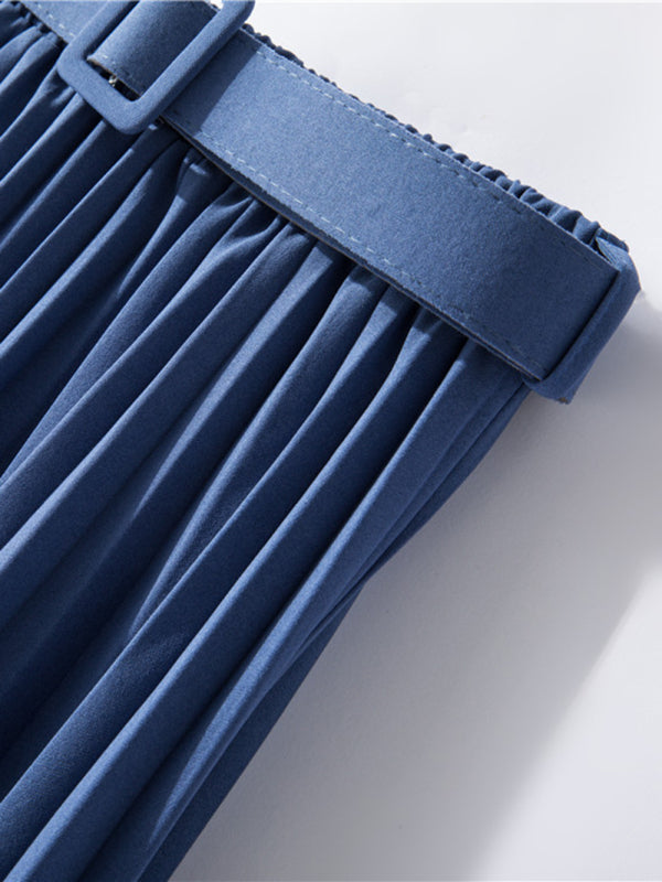 Women's Solid Color Belted Pleated Maxi Skirt