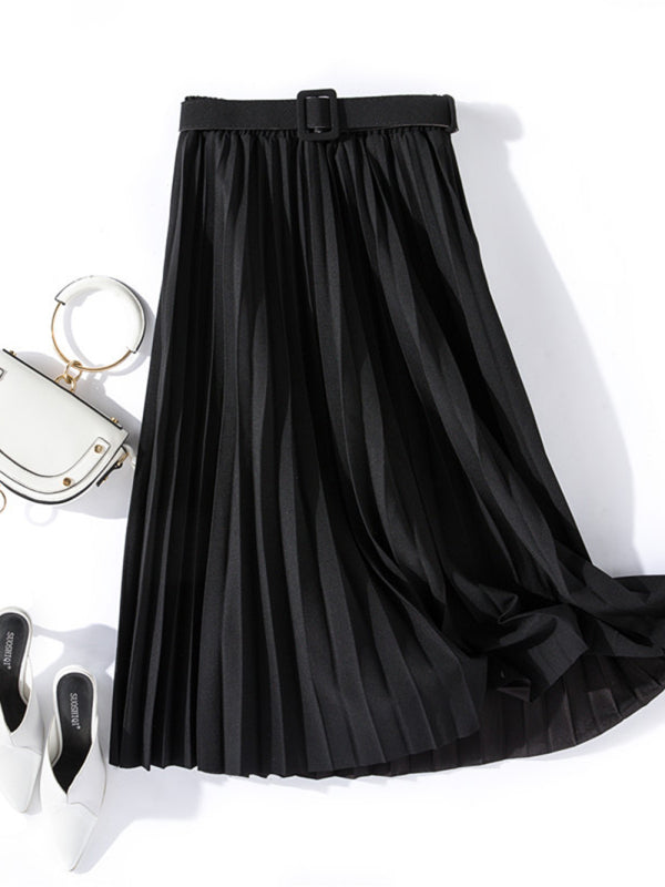 Women's Solid Color Belted Pleated Maxi Skirt