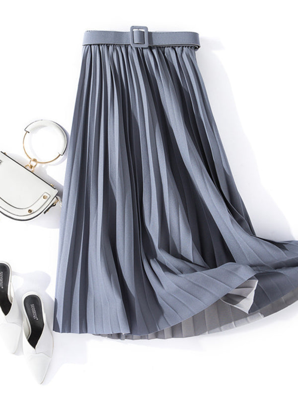 Women's Solid Color Belted Pleated Maxi Skirt