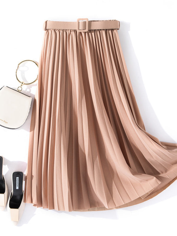 Women's Solid Color Belted Pleated Maxi Skirt