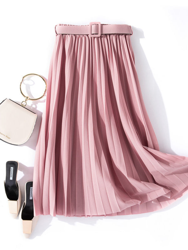 Women's Solid Color Belted Pleated Maxi Skirt
