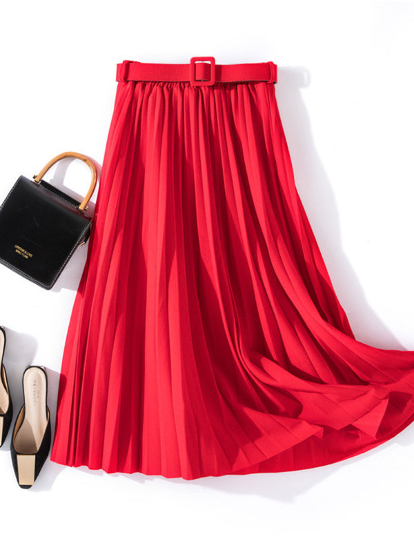 Women's Solid Color Belted Pleated Maxi Skirt