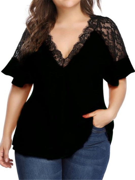 Women’s Plus Size Solid Color Lace Trim Sleeve Blouse