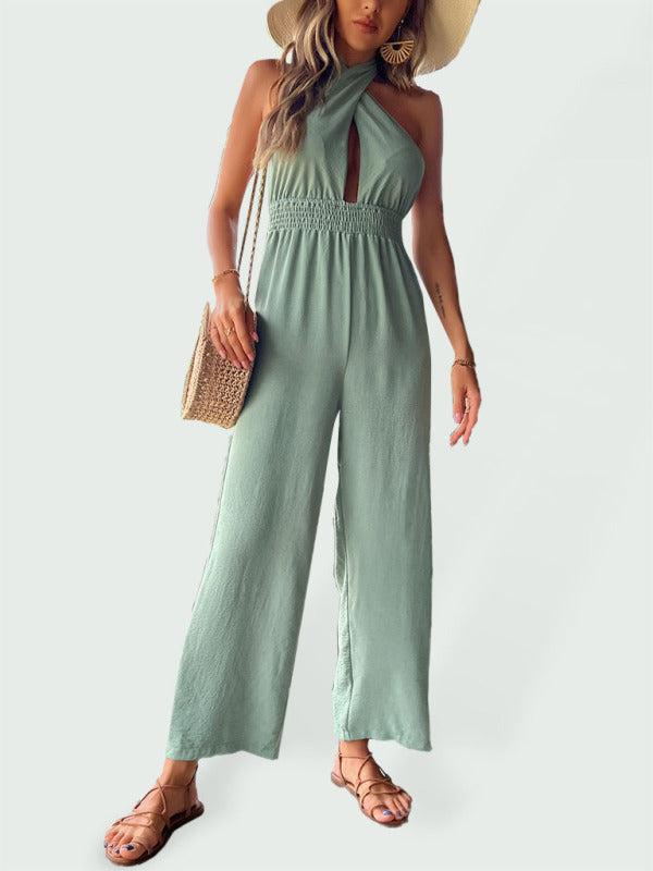 Women's Solid Color Cutout Halter Jumpsuit