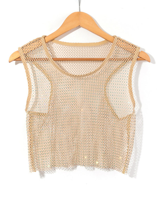 Women's Solid Color Embellished Sheer Fishnet Crop Tank