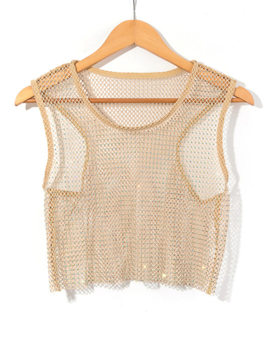 Women's Solid Color Embellished Sheer Fishnet Crop Tank