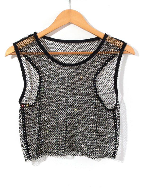 Women's Solid Color Embellished Sheer Fishnet Crop Tank