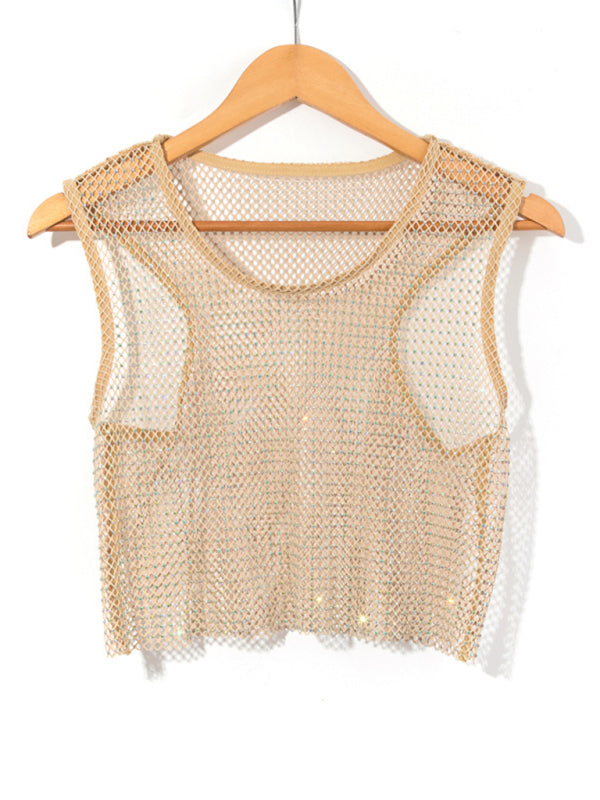 Women's Solid Color Embellished Sheer Fishnet Crop Tank