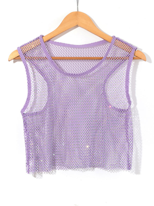 Women's Solid Color Embellished Sheer Fishnet Crop Tank