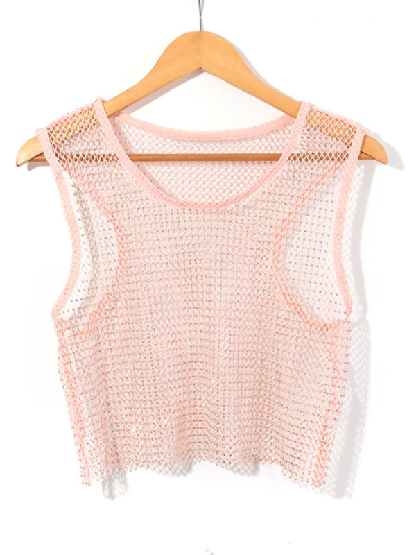 Women's Solid Color Embellished Sheer Fishnet Crop Tank