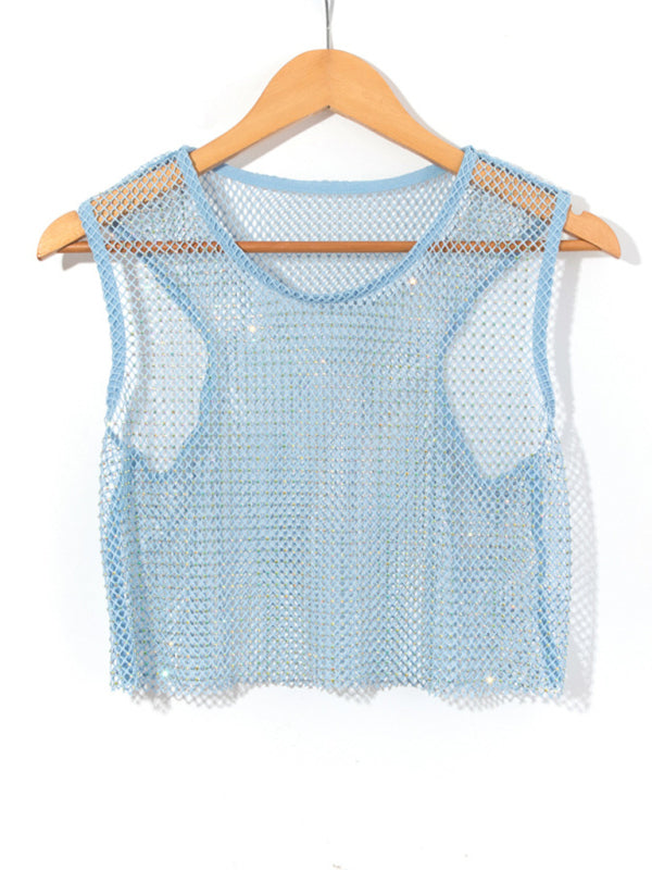 Women's Solid Color Embellished Sheer Fishnet Crop Tank