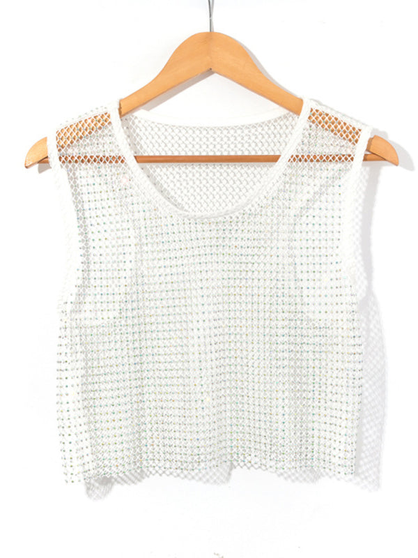 Women's Solid Color Embellished Sheer Fishnet Crop Tank