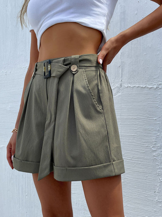 Women’s Solid Color Belted High Waist Shorts