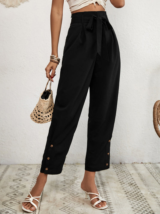 Women's Solid Color Tie Waist Straight Leg Pants