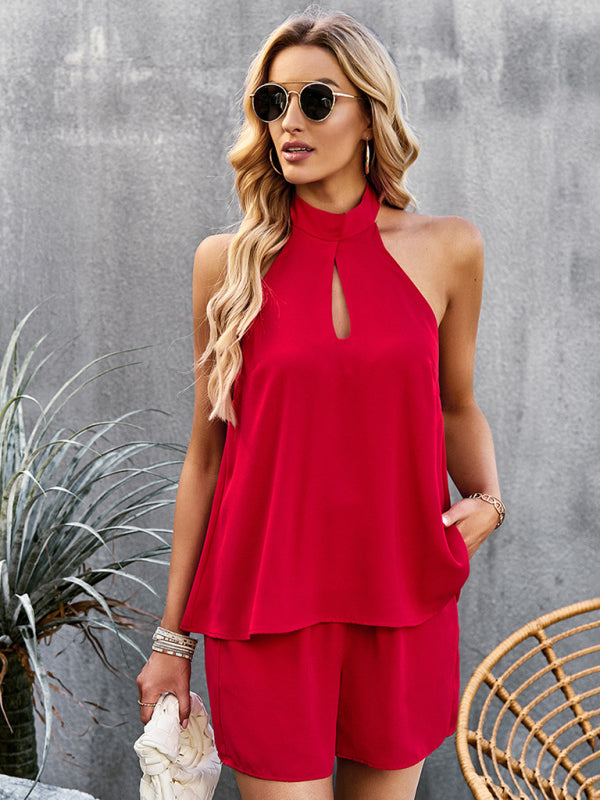 Women's Solid Color Cutout Mock Neck Halter Top