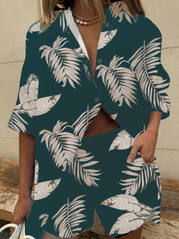 Women's Lapel Short Sleeve Printed Short Sleeve Shirt Shorts Two-piece Set