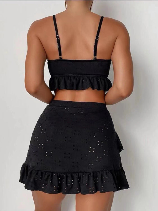 Women's Solid Color Eyelet Tie Front Ruffle Crop Tank With Matching Ruffle Hem Mini Skirt