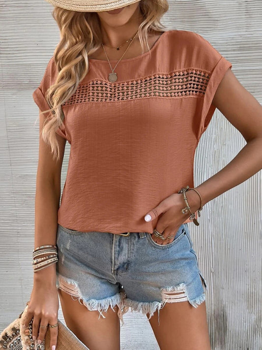 Women's Solid Color Lace Trim Short Sleeve Top