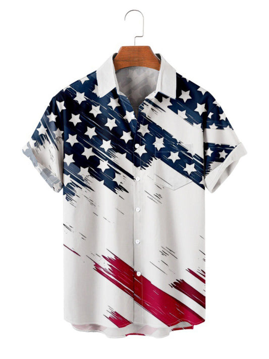 Men's American Flag Print Short Sleeve Button-Up Shirt