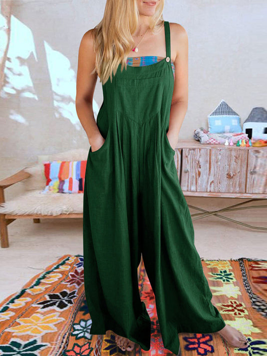 Women's Solid Color Wide Leg Linen Jumpsuit