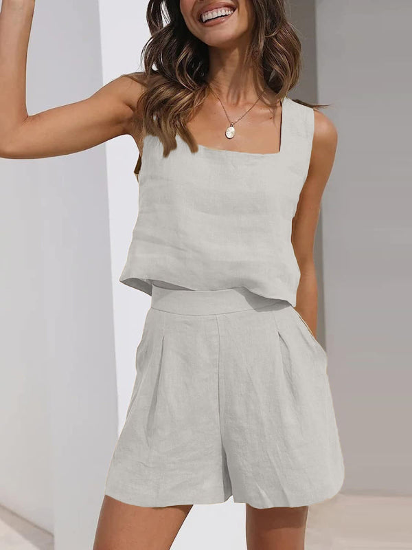 Women's Solid Color Casual Cotton Linen Sleeveless Square Neck Top + Shorts Two-Piece Set
