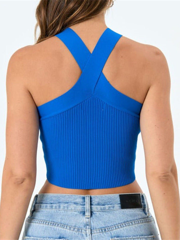 Women's Solid Color Knit Halter Neck Crop Top