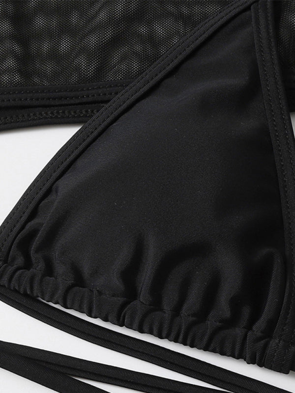 Women's Solid Color High Cut Waist Long Sleeve Cutout Three-Piece Swimsuit