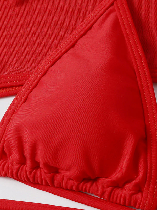 Women's Solid Color High Cut Waist Long Sleeve Cutout Three-Piece Swimsuit