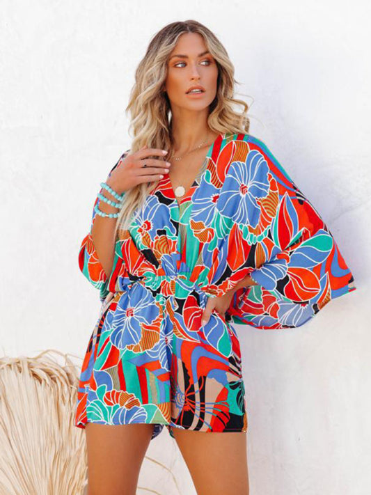 Women's Tropical Print Faux Wrap Romper