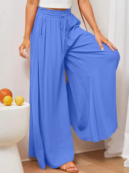 Women's Solid Color Elastic Waist Wide Leg High Waist Trousers