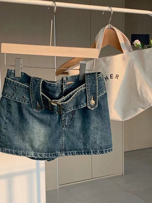 Y2K washed denim high waist slim skirt