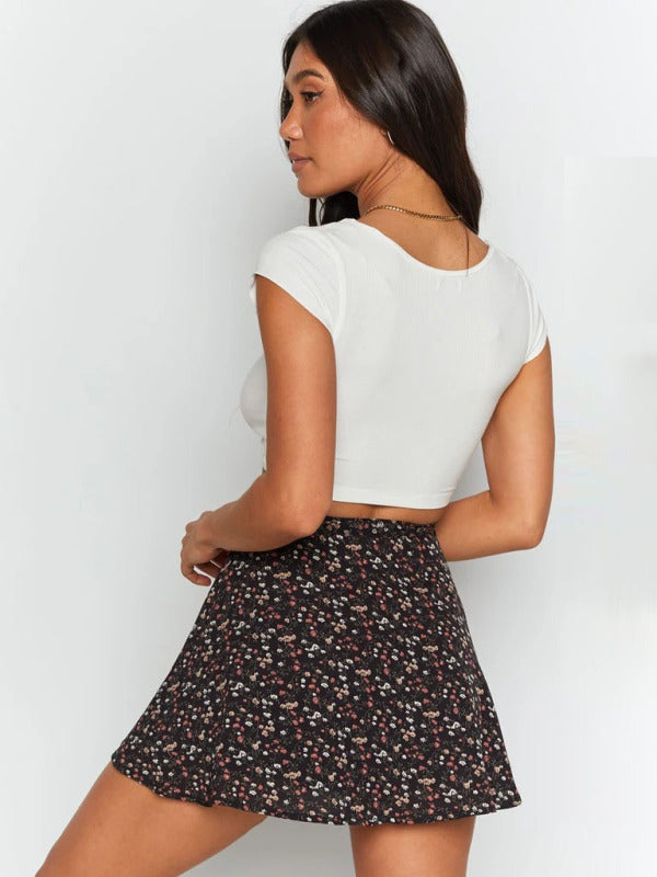 Floral skirt high waist umbrella skirt invisible zipper chiffon printed skirt for women
