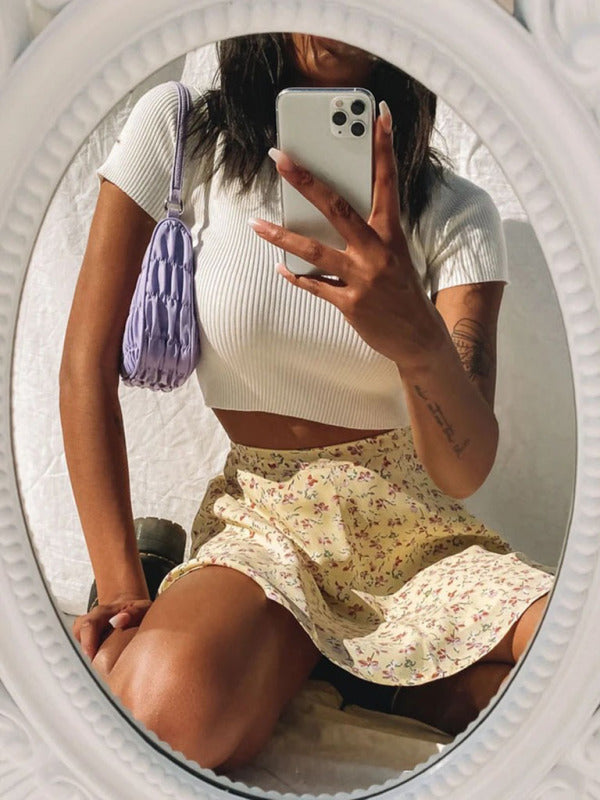 Floral skirt high waist umbrella skirt invisible zipper chiffon printed skirt for women