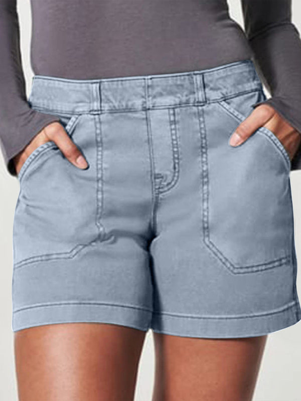 New fashion all-match women's high elastic twill large pocket solid color casual shorts