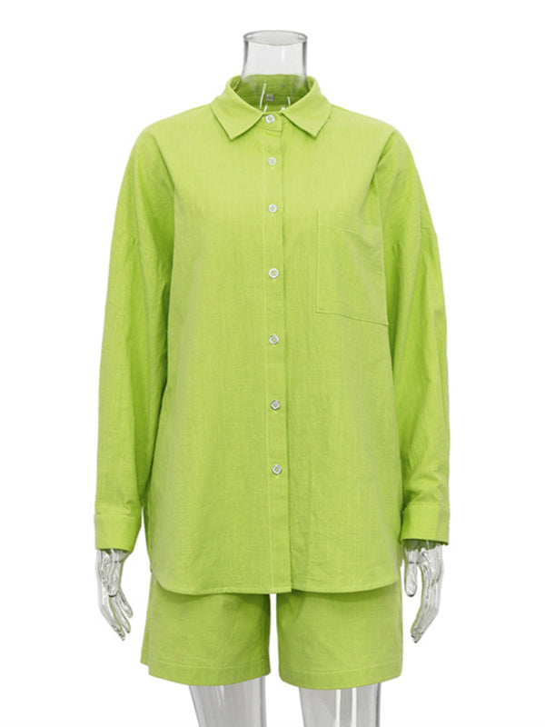 New Arrival Solid Color Single Breasted Long Sleeve Lapel Shirt Shorts Loose Suit