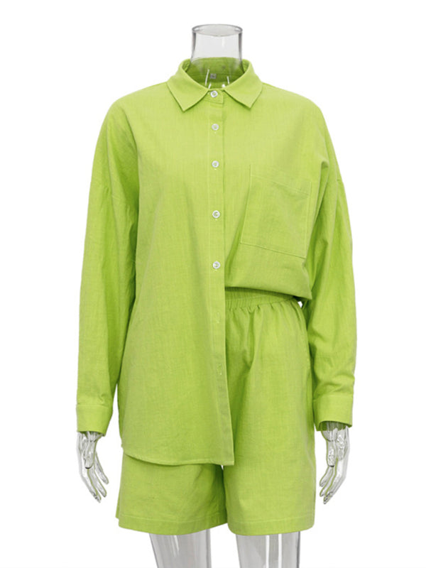 New Arrival Solid Color Single Breasted Long Sleeve Lapel Shirt Shorts Loose Suit