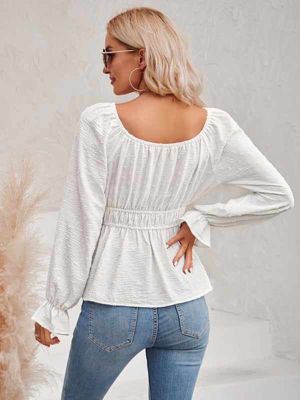 Women's round neck waist solid color lotus leaf sleeve top