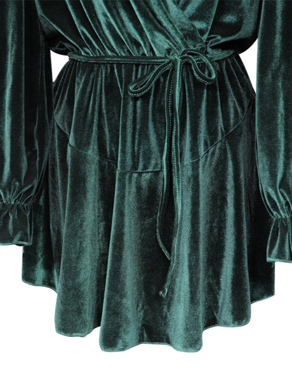New women's fashionable long-sleeved V-neck Korean velvet autumn and winter dress