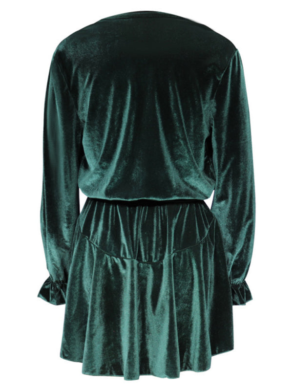 New women's fashionable long-sleeved V-neck Korean velvet autumn and winter dress