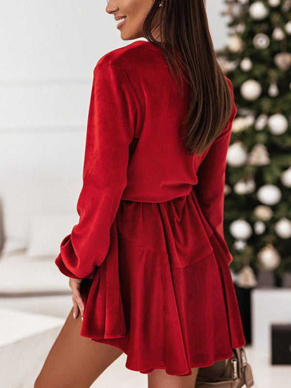 New women's fashionable long-sleeved V-neck Korean velvet autumn and winter dress