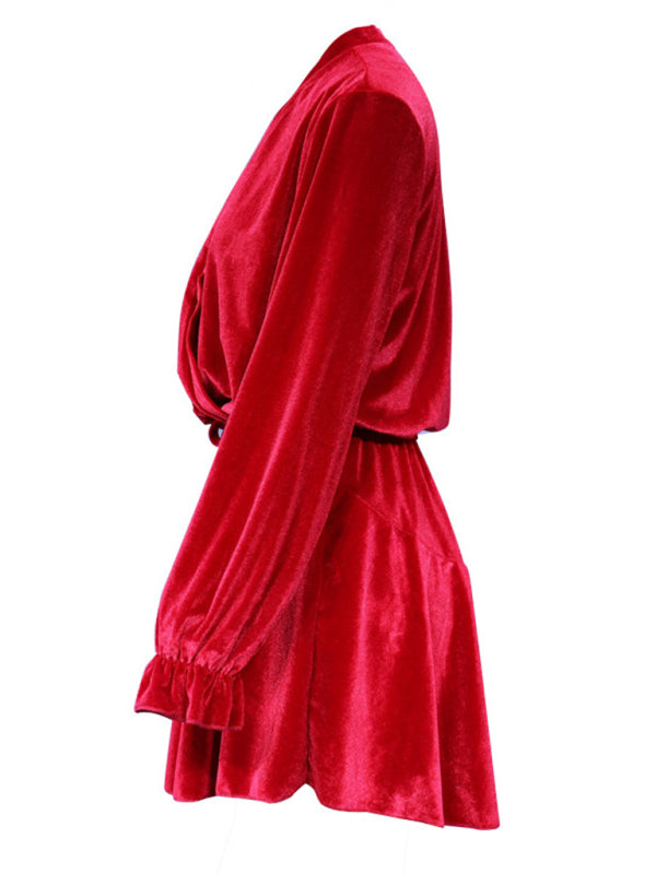 New women's fashionable long-sleeved V-neck Korean velvet autumn and winter dress