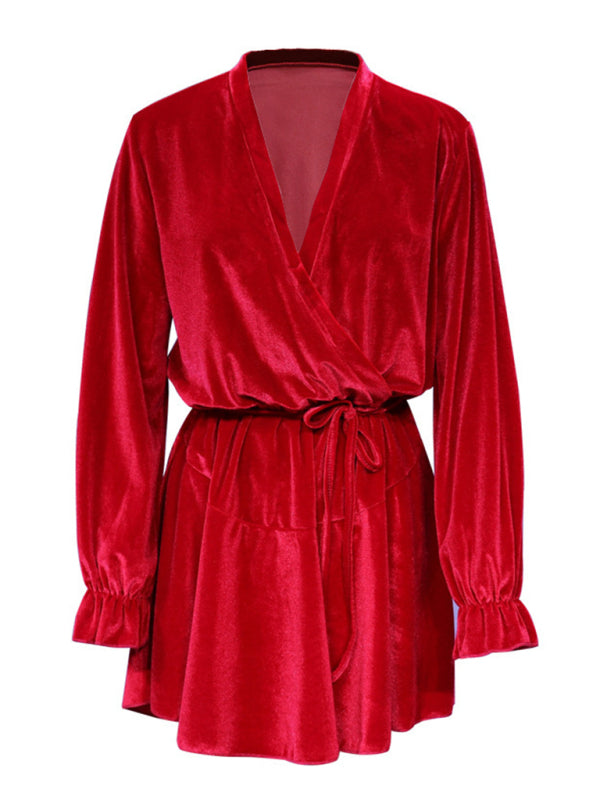 New women's fashionable long-sleeved V-neck Korean velvet autumn and winter dress
