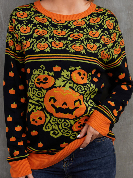 Fashionable Women's Pumpkin Halloween Sweater Autumn Round Neck Pullover Loose Knitwear