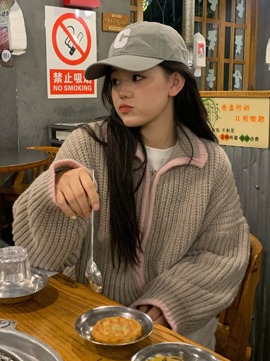women's zipper lapel loose knit sweater